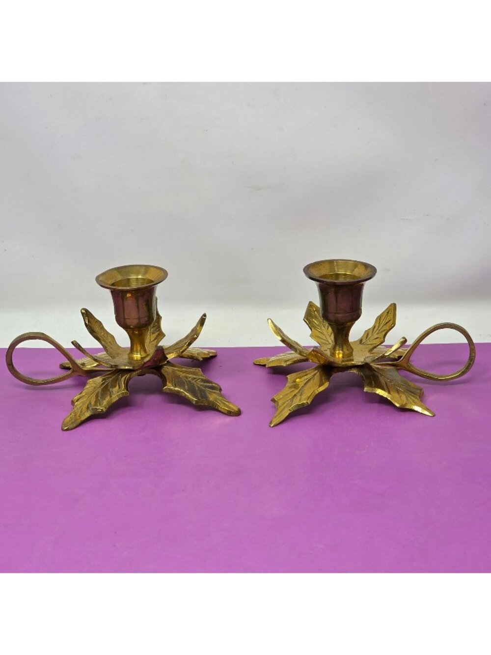 Vintage Brass Candle Holders With Holly Leaf Design & Loop Handles - Set Of 2